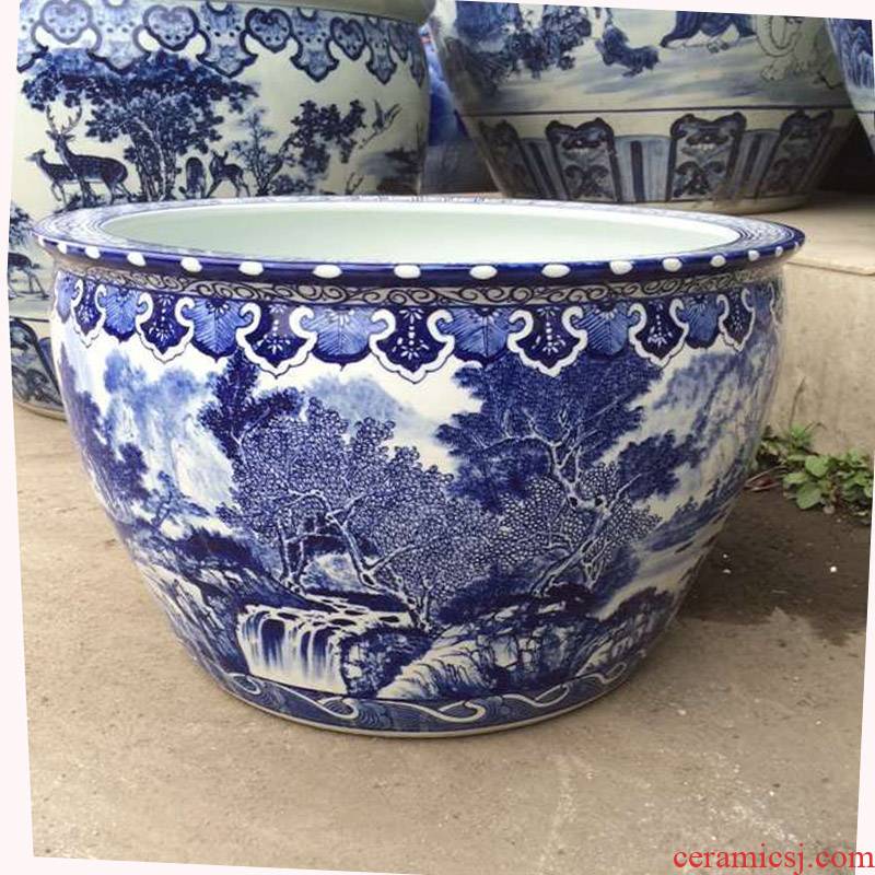 Jingdezhen hand made blue and white porcelain in large cylinder m fish farming water lily plant trees and flowers, the tortoise VAT porcelain high temperature cylinder