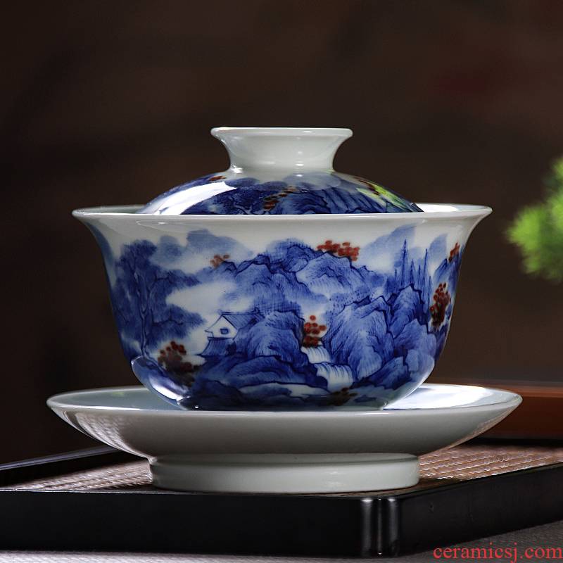 Jingdezhen blue and white youligong tureen tea bowl manual hand - made large landscape three tureen kung fu tea set