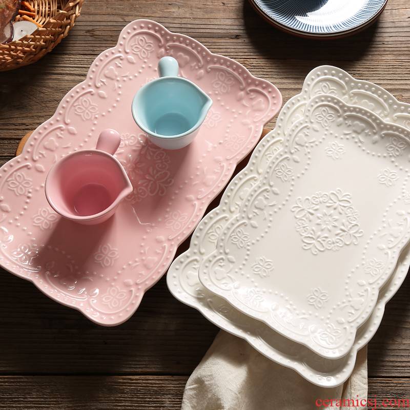 2021 domestic high - temperature anaglyph ceramic rectangle plate butterfly table dish dish afternoon tea fruit bowl dessert
