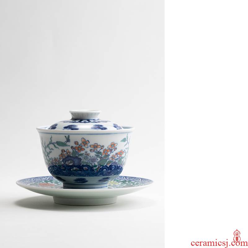 Qin Qiuyan bucket color water garden tureen jingdezhen checking ceramic only three tureen tea bowl bowl of tea set