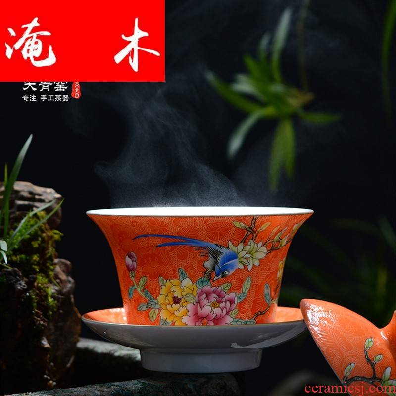 Grilled flooded wood painting of flowers and flower tureen jingdezhen tea hand - made kung fu tea powder enamel three to make tea tureen bowl