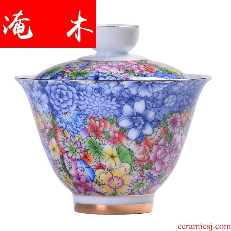 Submerged wood only three tureen cup bowl large tea colored enamel flower is white porcelain ceramic household kung fu tea bowl