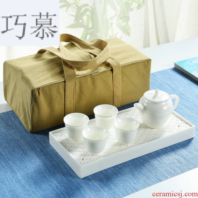 Qiao mu dehua white porcelain tea set ceramic travel offices kung fu tea set portable small crack cup tea tray