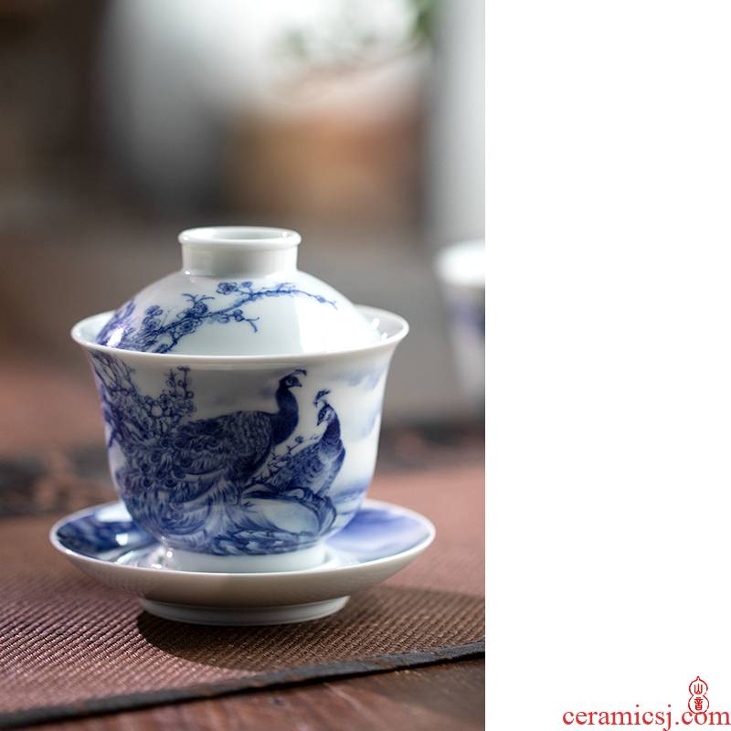 Art home benevolence jingdezhen blue and white peacock tureen checking ceramic high - end tureen tea bowl bowl