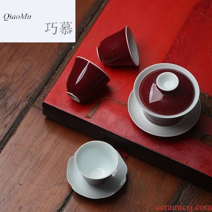 Qiao mu SU jingdezhen kung fu tea red glaze series tureen combination evening yan suit for gifts cups