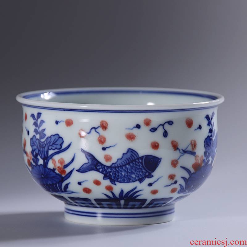 Jingdezhen blue and white porcelain youligong red fish algae lines master cup cup of pure manual hand - made personal high - end tea cup