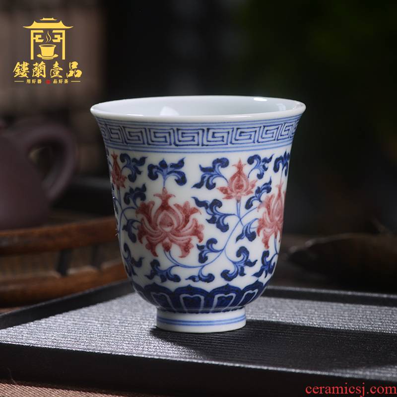 Jingdezhen ceramic blue and white lotus youligong tangled branches hand - made master cup kung fu tea tea cup single CPU fragrance - smelling cup