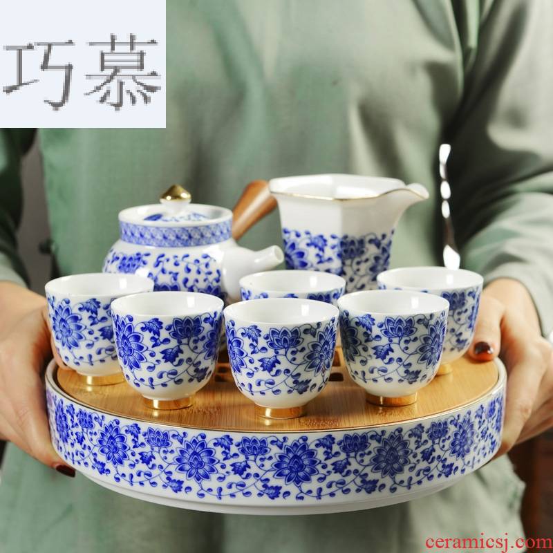 Qiao mu ceramic Japanese kung fu tea set suit household small circular bamboo tea tray was mini water mercifully tea it dry