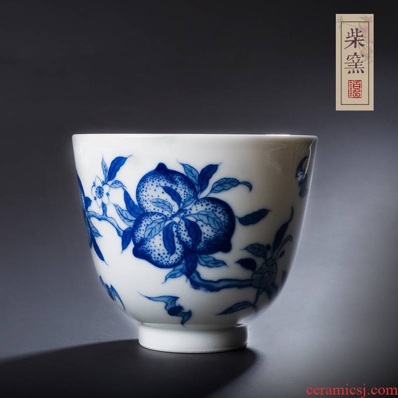 Hundreds of jingdezhen blue and white nine hong maintain peach wufu sample tea cup cup firewood hand - made master cup single cup by hand