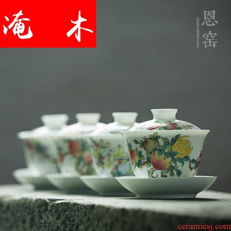 Flooded wooden thin body big tureen famille rose flower worship only three cup cup six styles of jingdezhen porcelain tea set by hand