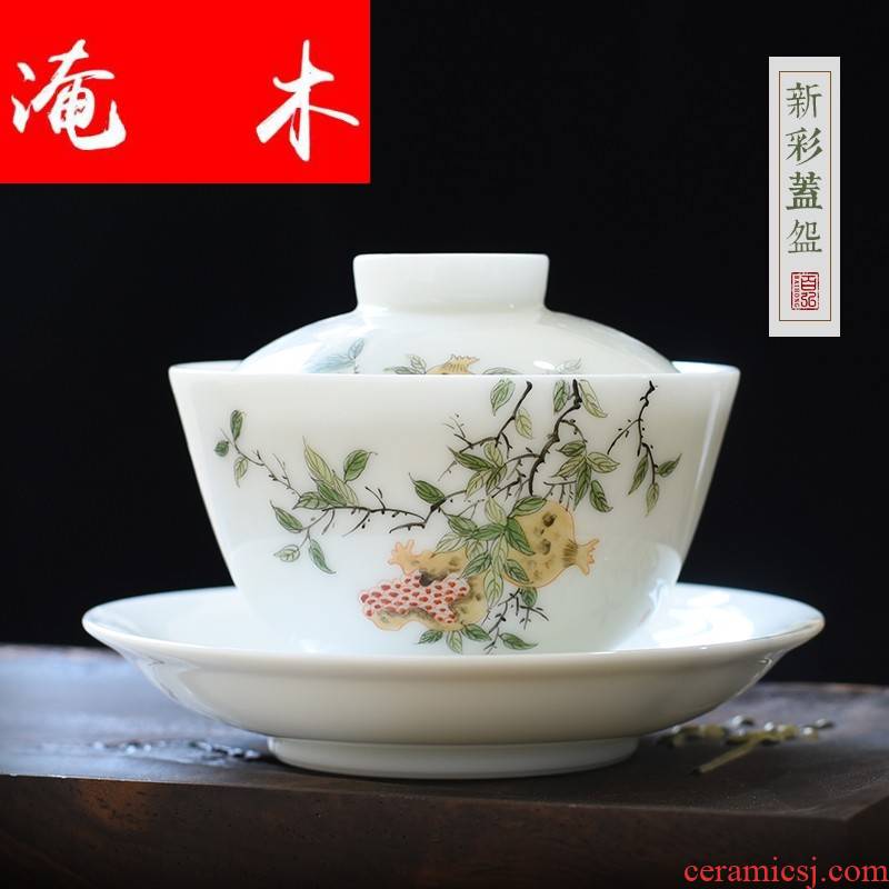 Flooded the new wood color only three tureen large cups of jingdezhen ceramic tea set jade mud hand - made pomegranate peach loquat mercifully