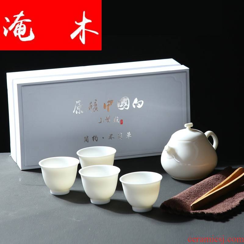 Submerged wood Chinese white jade porcelain pure manual white porcelain tureen large three cups to use kung fu tea set, ceramic