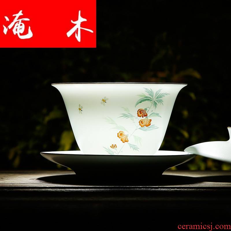 Flooded wooden ancient imperial tea cups tureen jingdezhen ceramic tea bowl hand - made pastel celadon matte enrolled white three bowls
