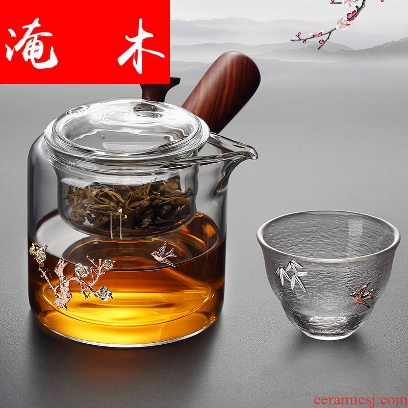 Flooded wooden side steaming glass teapot thickening explosion - proof, high temperature resistant filter transparent wood electric TaoLu household the glass pot