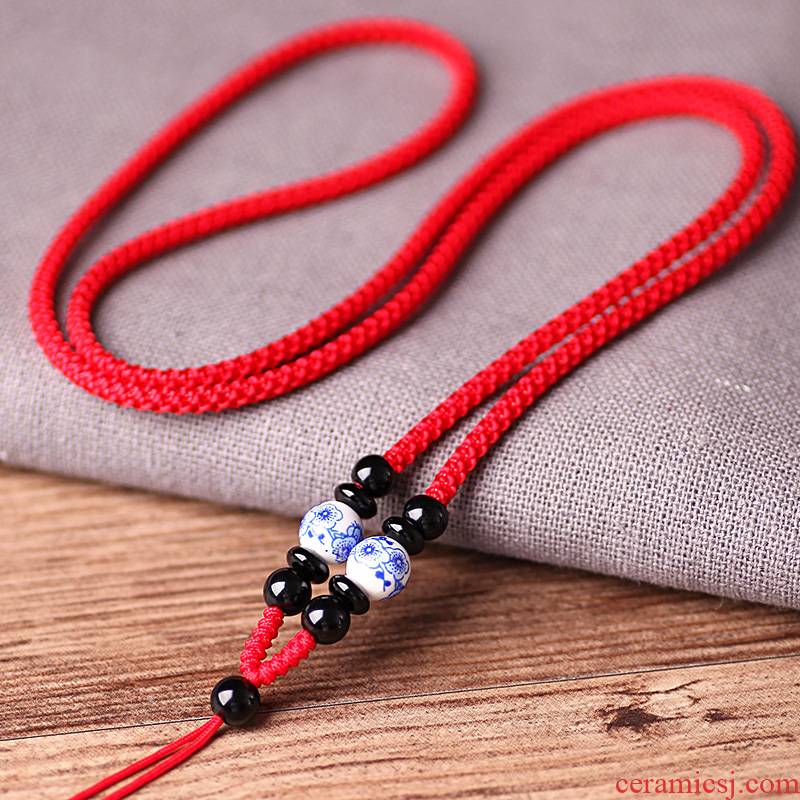 Ceramic name plum flower round pearl pendant hang rope men and women with jade and hang hang drop pendant neck rope rope hand woven necklace