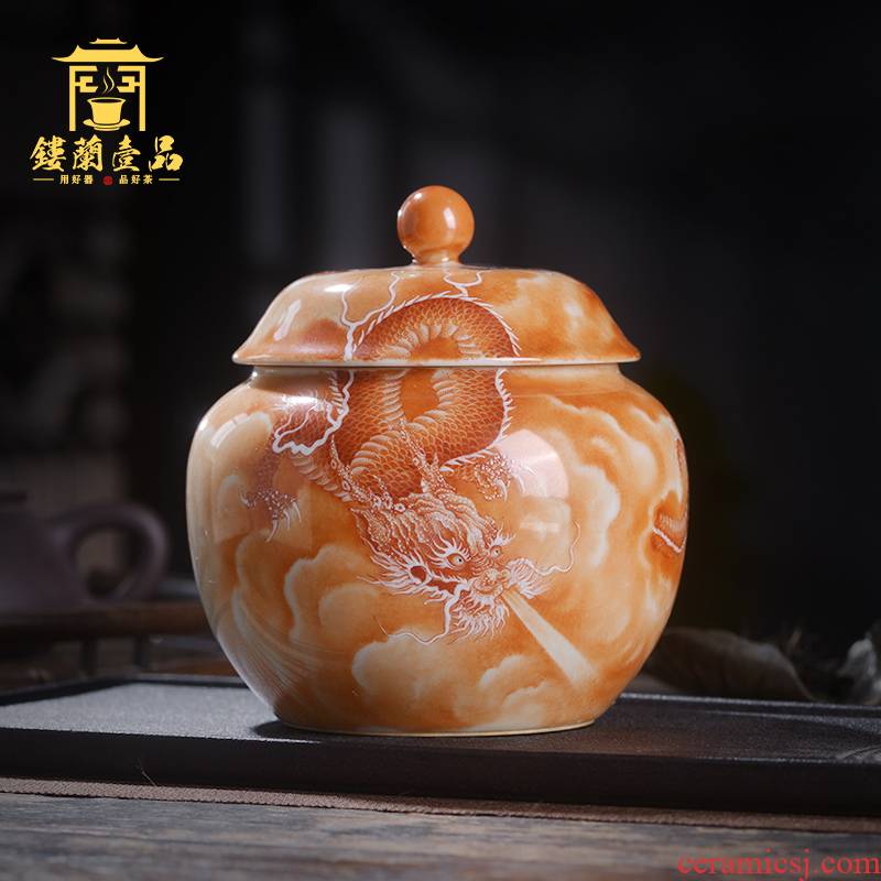 Jingdezhen ceramic all hand - made alum red YunLongWen caddy fixings storage tanks with cover seal pot home furnishing articles