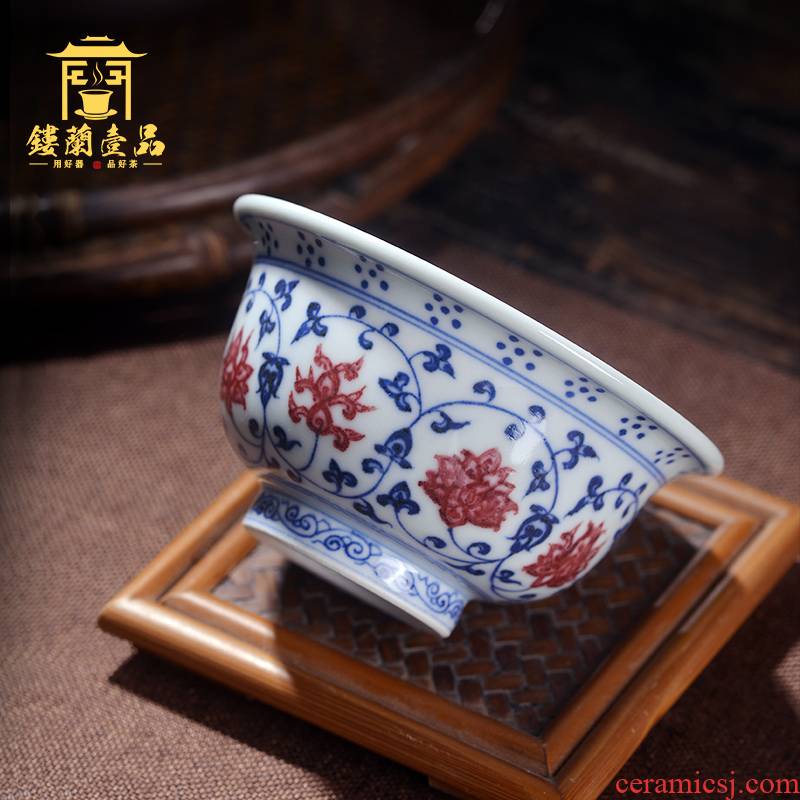 Jingdezhen ceramic all hand - made imitation Ming yongle blue tie up branch pressure hand master of kung fu tea tea tea cup