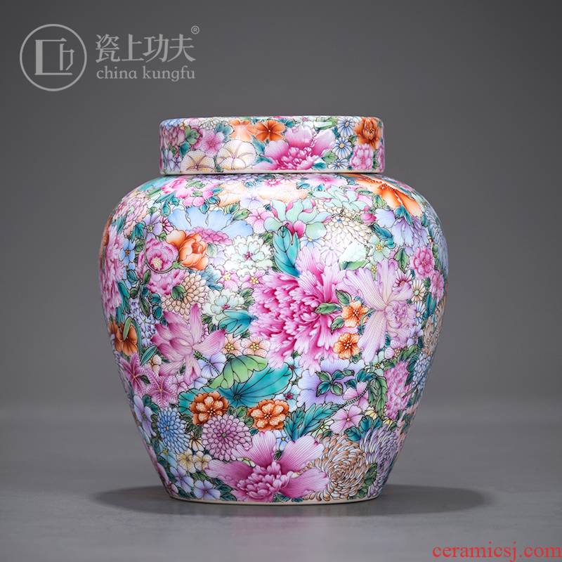 Colored enamel flower small caddy fixings pure manual hand - made porcelain jar of furnishing articles of handicraft collection jingdezhen porcelain orphan works