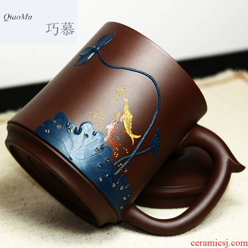 Qiao mu QD famous purple sand cup manually make tea cup yixing boutique collection lotus purple clay green belt cover cup of the republic of China