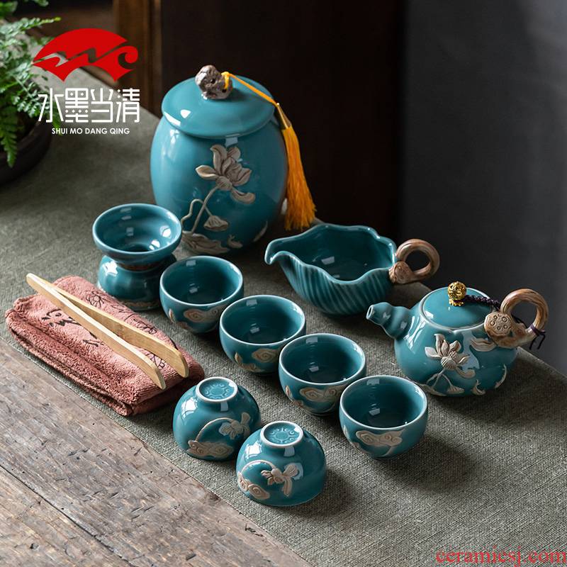 Ji blue glaze ceramic kung fu tea set pack of a complete set of household contracted and I office receives a visitor high - end teapot teacup