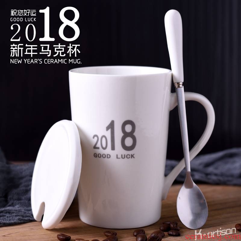 Qiao mu 2018 good luck, creative ceramic cup with cover cup large - capacity glass keller couples spoon coffee cup