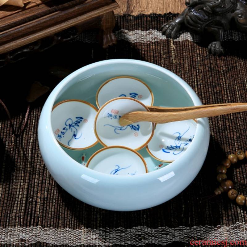 Qiao mu JS tea accessories hand - made ceramic celadon anaglyph carp tea wash cup for wash writing brush washer