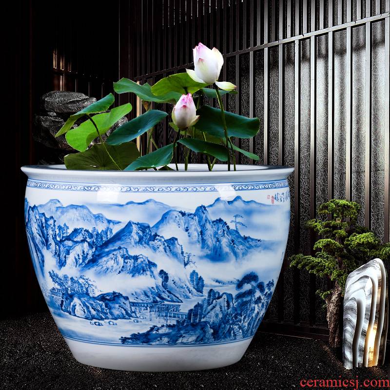 Jingdezhen ceramic aquarium decorative furnishing articles large hand draw water lily of blue and white porcelain bowl lotus home is suing garden decoration