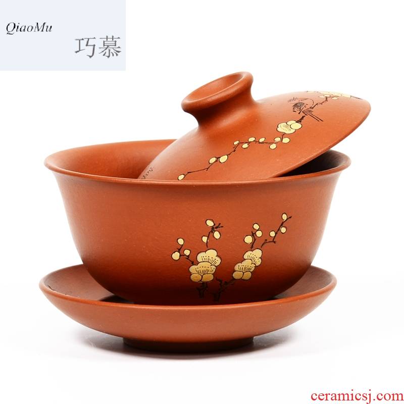 Qiao mu QD yixing purple sand three tureen zhu mud worship only name plum flower tea cups three - piece tea kungfu tea set