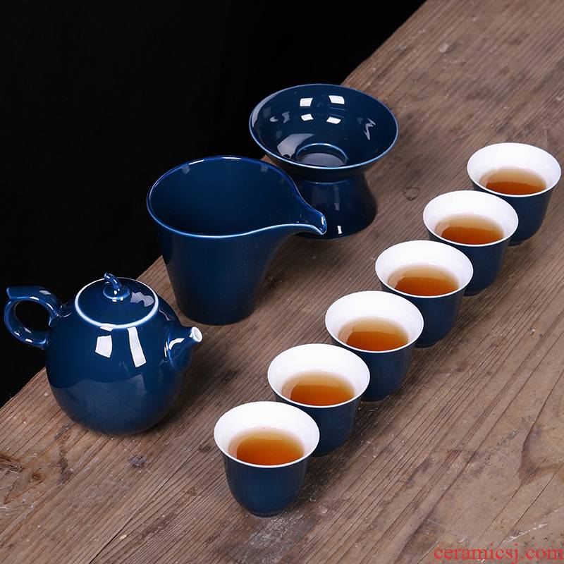 Ji blue glaze ceramic kung fu tea sets, small household red knot wedding Chinese teapot teacup tureen office