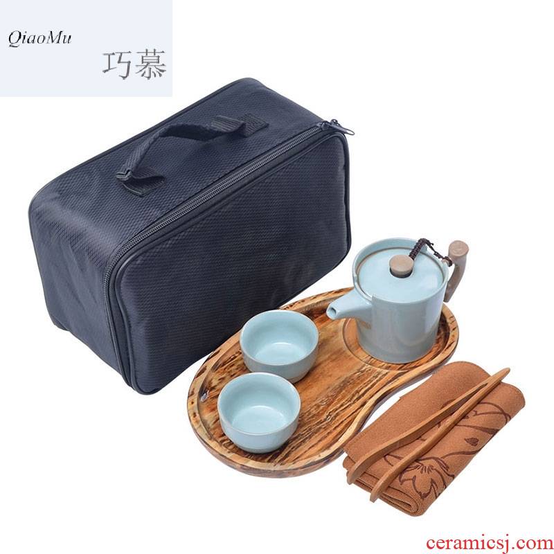 Qiao travel for up fine tea sets portable your porcelain office set a pot of two cups of solid wood tray