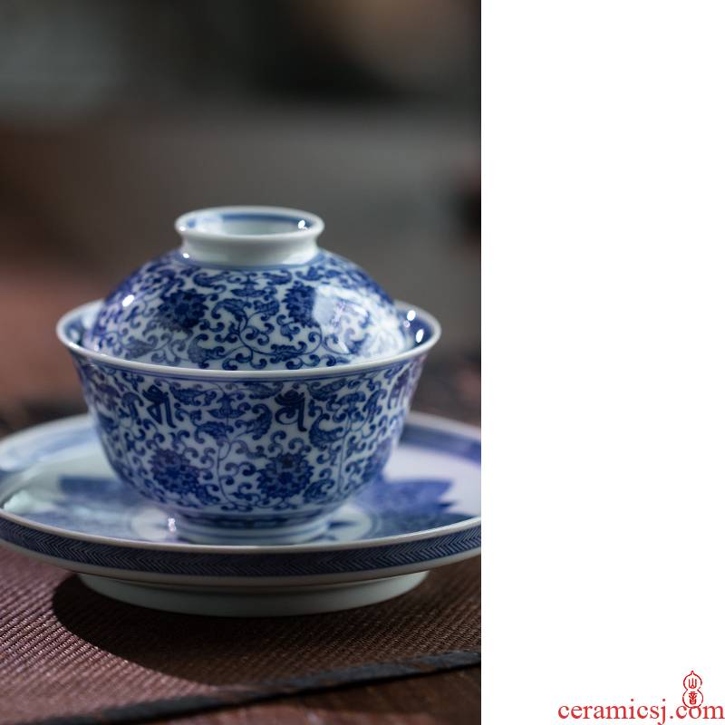 New arborist benevolence blue treasure phase tureen jingdezhen blue and white tea tureen three only hand - made ceramic bowl