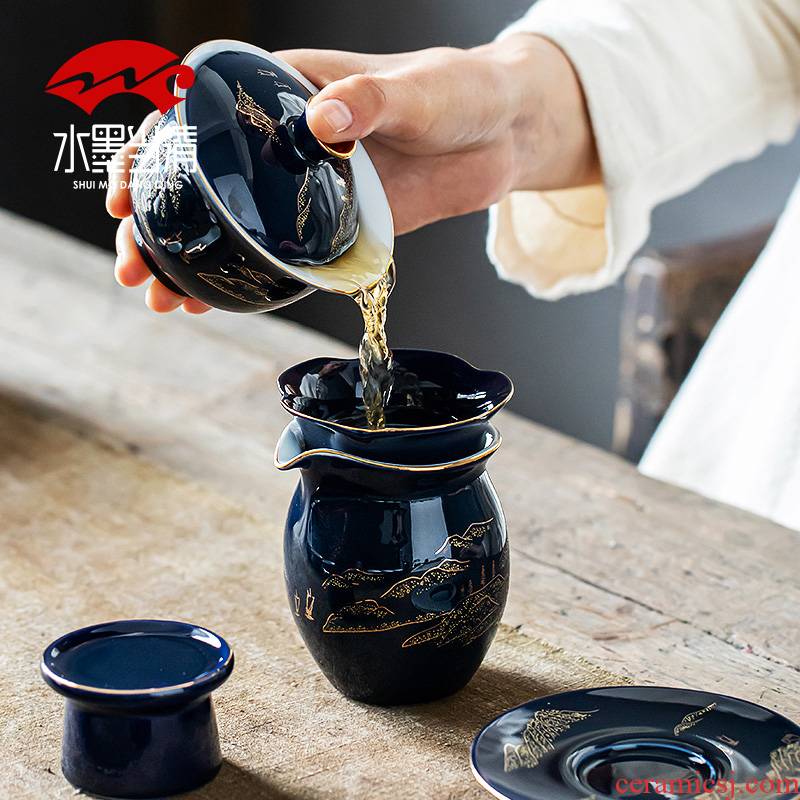 Ji blue glaze see kung fu tea set suit household of Chinese style restoring ancient ways tureen ceramic teapot teacup office contracted