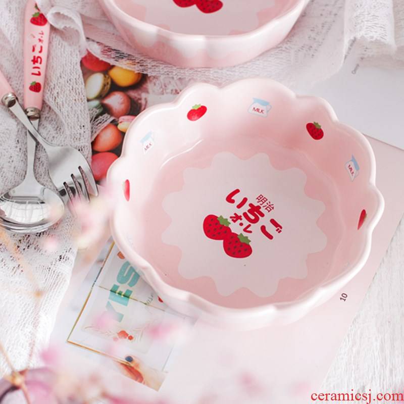 5 in 1, a Japanese Meiji dessert salad bowl student ceramic glaze strawberry pink breakfast bowl bowl girls heart