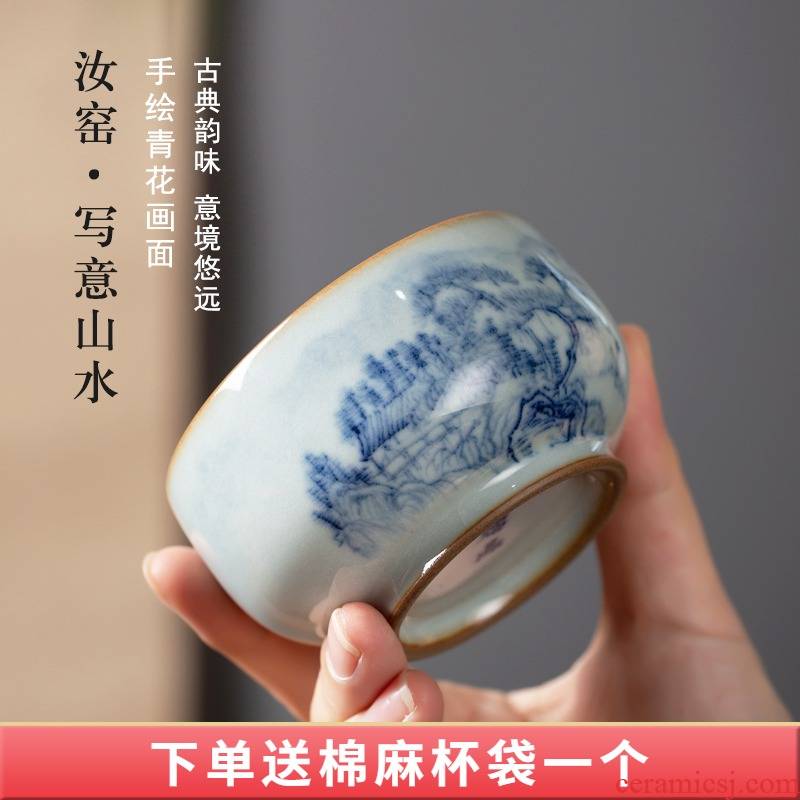 Pure manual your up jingdezhen blue and white landscape of large master cup freehand brushwork in traditional Chinese kung fu tea cup single single CPU