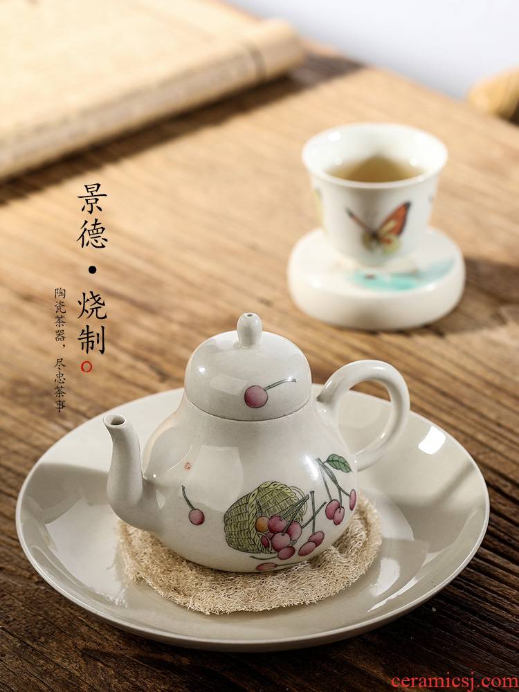 Jingdezhen pure manual teapot kongfu tea pot plant ash glaze hand - made cherry ball hole, small ceramic pot