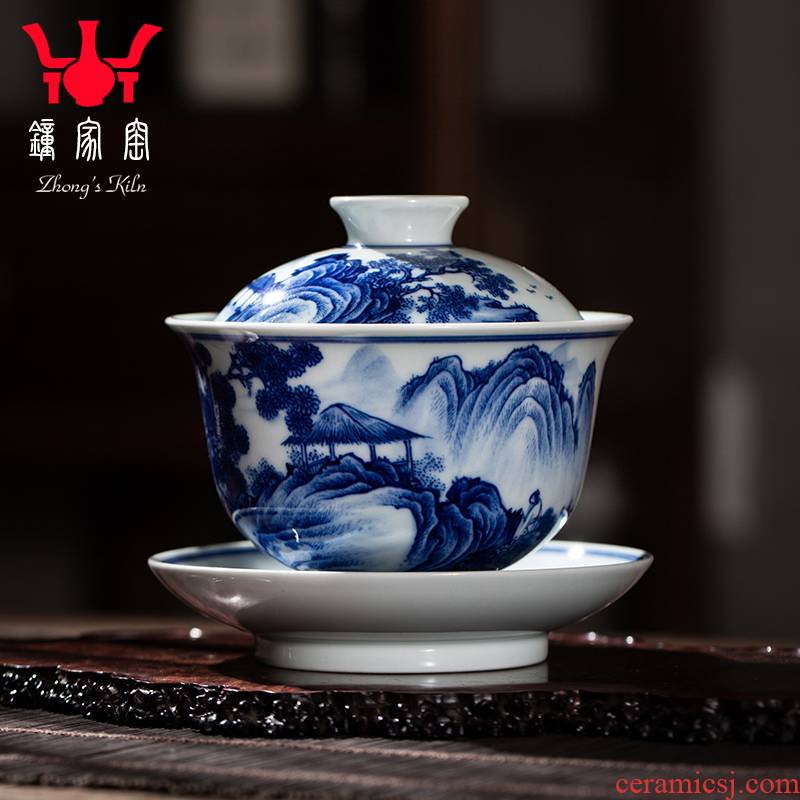 Clock home up maintain tureen of jingdezhen blue and white landscape large tea pure manual work heavy full three bowl of tea cups