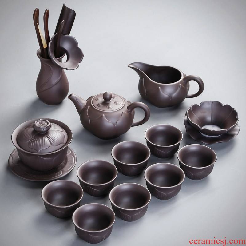 Light purple sand tea sets kung fu tea kettle jingdezhen key-2 luxury senior Chinese style household visitor box office