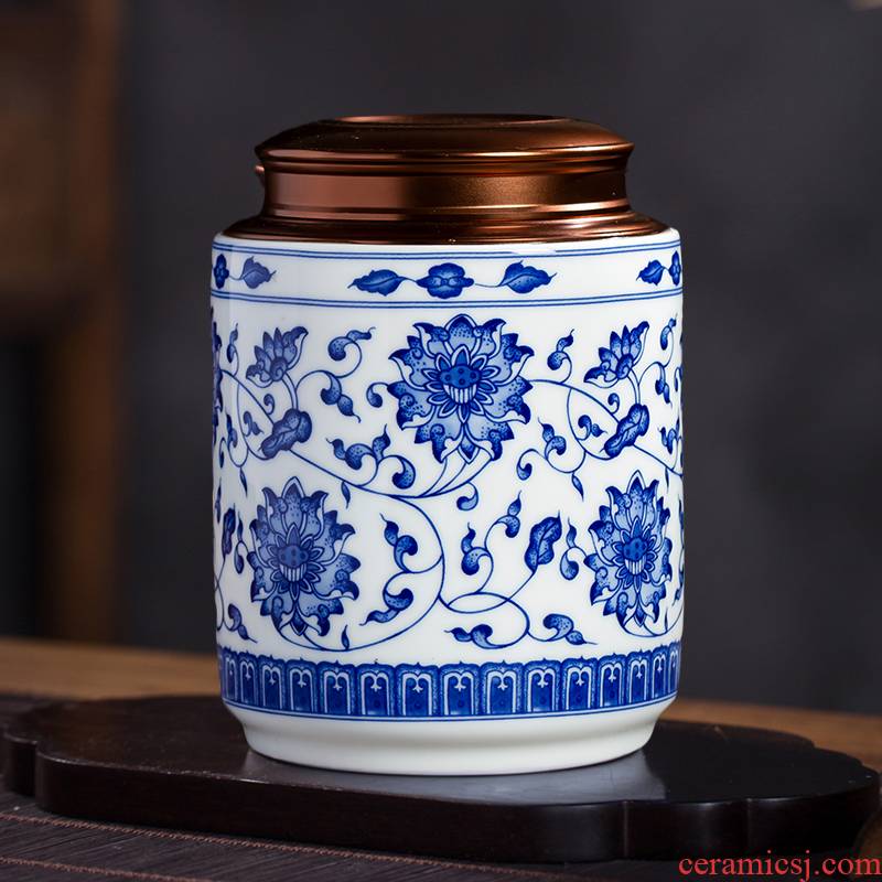 Blue and white half jins of jingdezhen ceramics with caddy fixings household of Chinese style loose tea and tea moisture proof seal storage tank