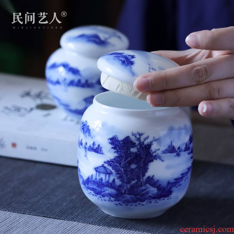 Jingdezhen blue and white landscape hand - made Chinese style restoring ancient ways seal save tea caddy fixings size box of tea