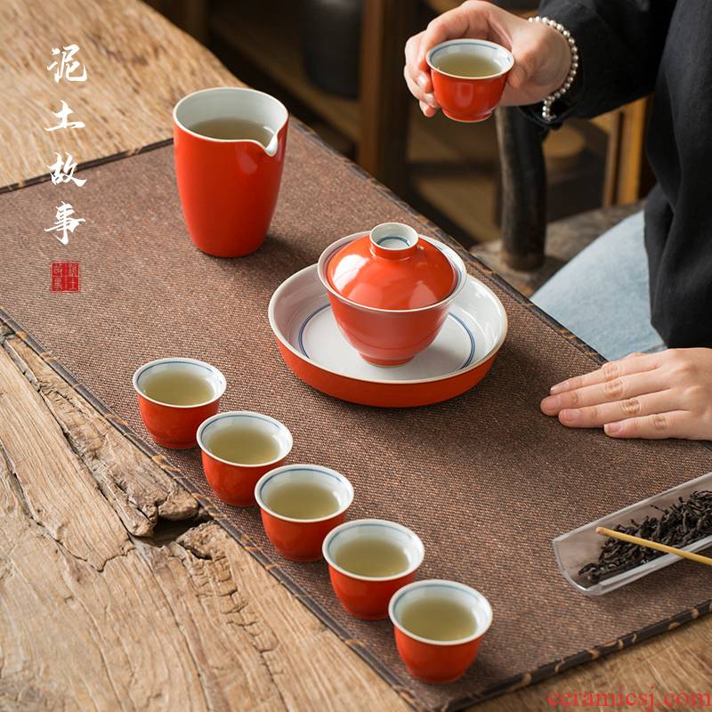 Jingdezhen coral red ceramic kung fu tea set suit portable contracted tureen tea cups, ruby red tea set