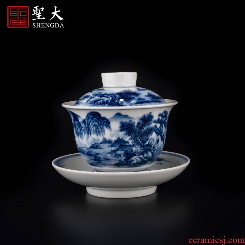 Holy big blue - and - white porcelain ", "high cliff seclusion" only three tureen jingdezhen hand - made ceramic high - grade tea tea bowl
