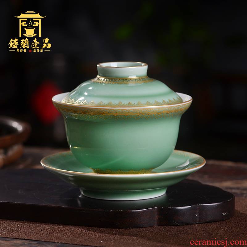 Pea green glazed pottery tureen single jingdezhen porcelain only three tureen tea cups kunfu tea ware bowl with cover a single