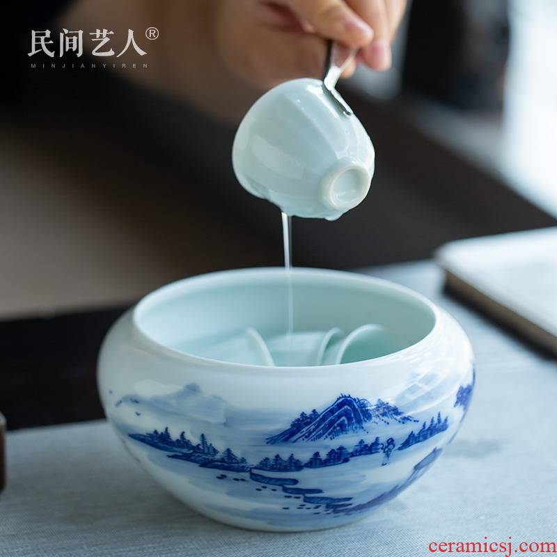 Blue and white landscape tea folk artists hand - made ceramic kung fu tea cups to wash bath home large tea accessories