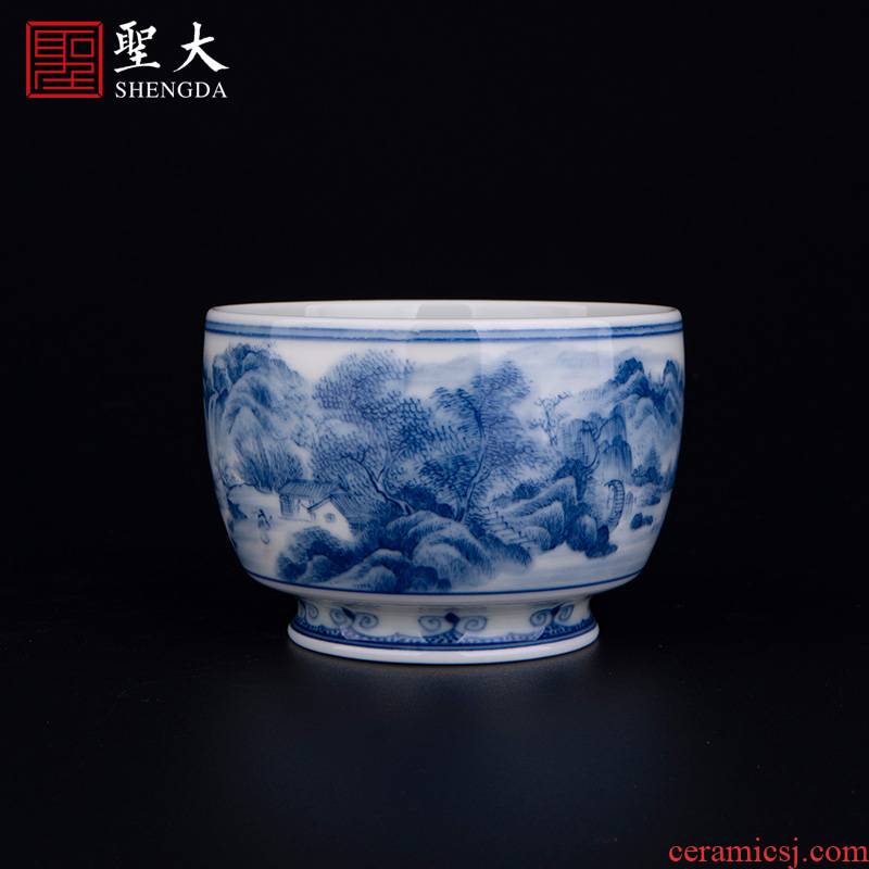 The big blue and white "want friends on" best CPU, jingdezhen ceramic pure hand - made tea sample tea cup kung fu tea cups