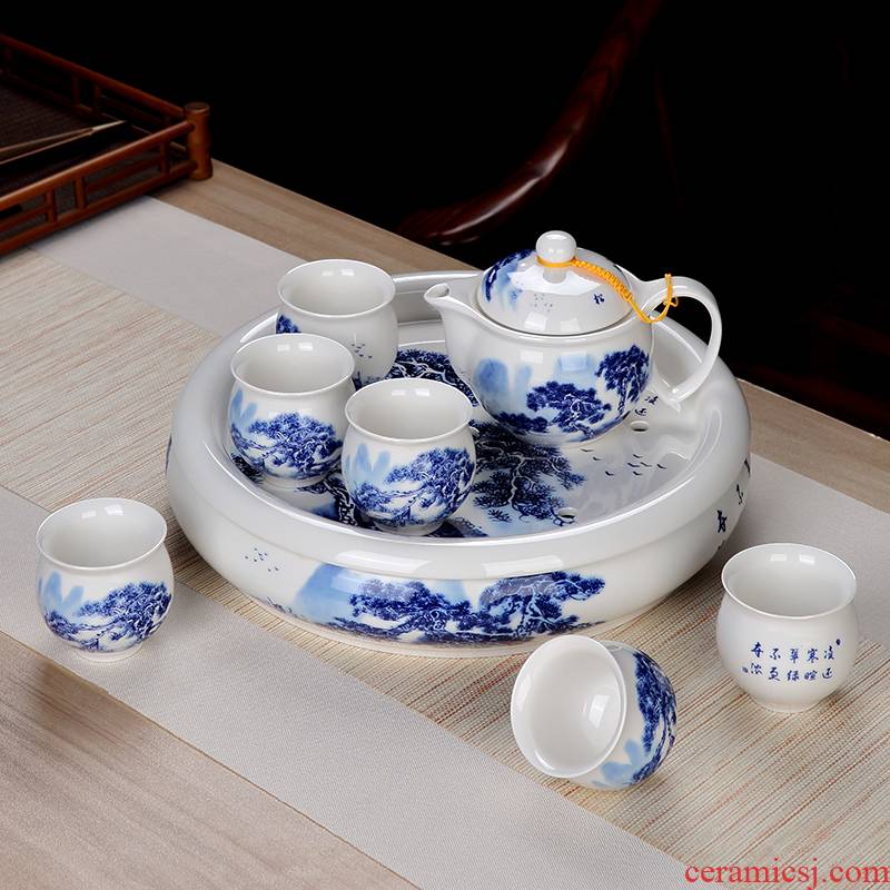 Double anti hot tea suit household jingdezhen hand - made kung fu tea set of blue and white porcelain cup insulation suits for