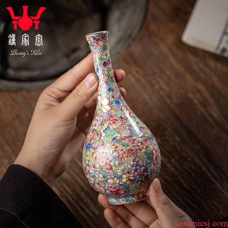 Clock home up with jingdezhen ceramic vase pure hand - made colored enamel flower flower tea table decorations small place