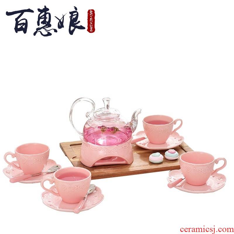 Housewife afternoon tea set (niang anaglyph ceramic glass heat - resisting teapot red camellia tea cup idea