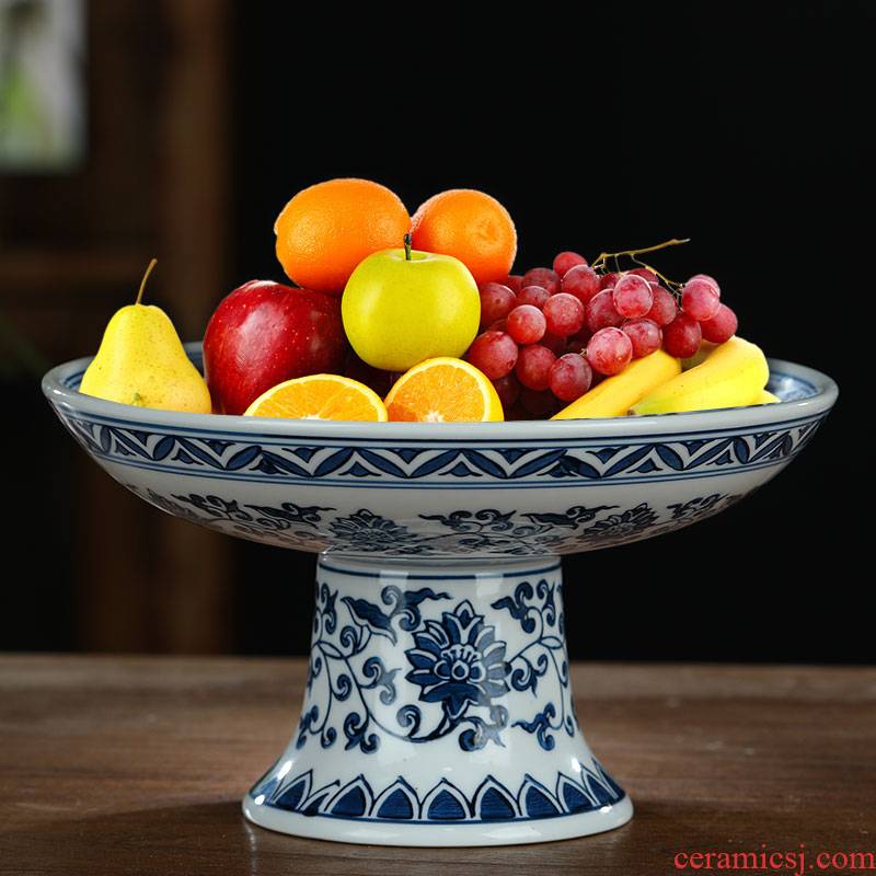 Jingdezhen ceramic glaze color blue and white porcelain under high fruit bowl dessert plate creative home fruit basket of food for the plate