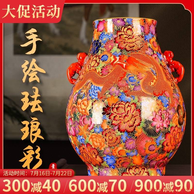Jingdezhen ceramic vase furnishing articles the see colour enamel hand - made archaize longfeng sitting room TV ark to collect rich ancient frame