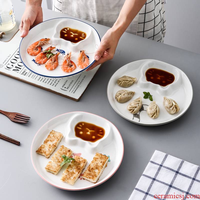 Circular plate with vinegar sauce dish home under the glaze color dishes dumplings means breakfast tray steamed dumpling ceramic chips